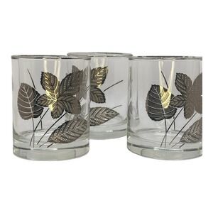 Vintage Libbey Gold Leaf Rocks Glasses Set of 3 MCM Black Gold Lowball Tumblers